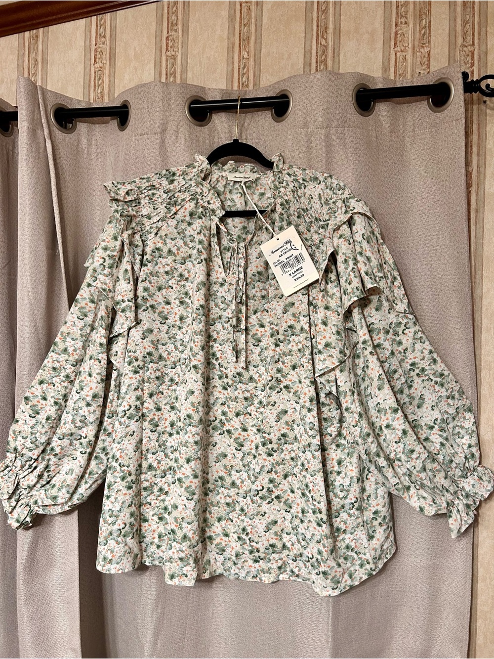 American Rag Green Cream Floral Ruffle Peasant Blouse XL